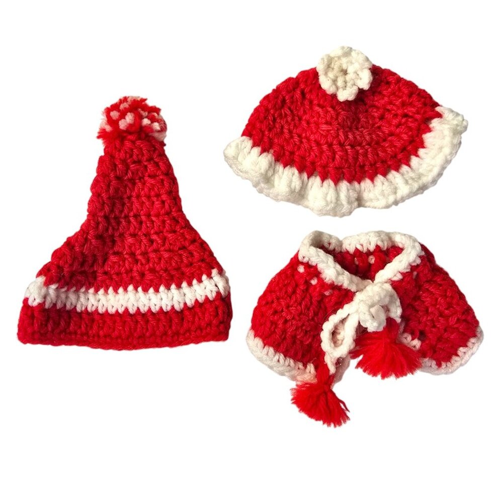 Vintage Santa Mrs Claus Hat Cape Set Doll Clothes Hand Crochet Red White Holiday